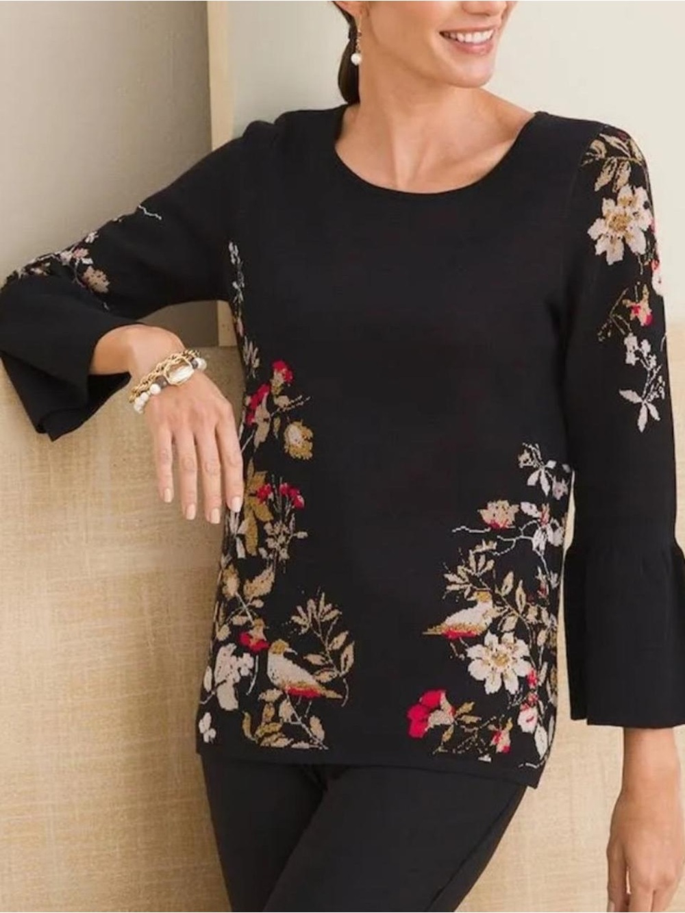 CHICO’S | Vintage Black Floral Knit Bell Sleeve Women's Knit Blouse